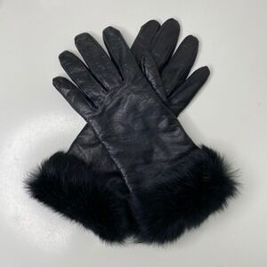 Black Leather Fur Trim Gloves Womens Winter Warm Fashion Accessories